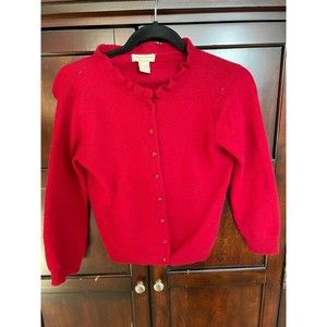 NWOT Vintage 100% Cashmere Red Buttoned Cardigan Sweater Ruffled Neckline S
